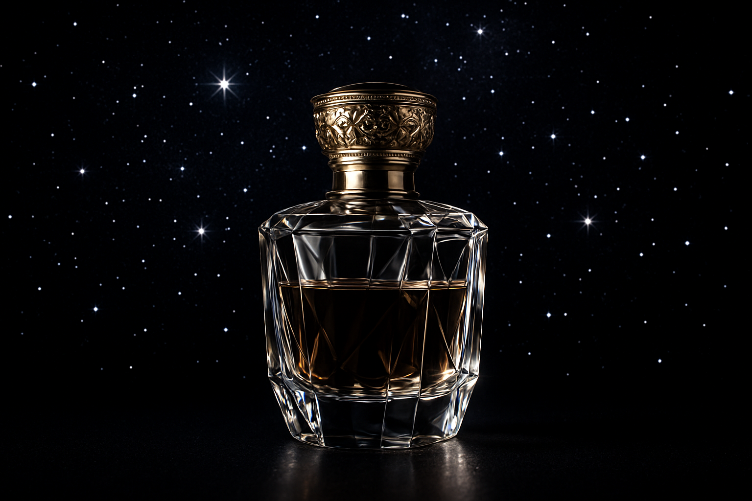 bote de colonia de lujo en fondo negro con el cielo estrellado